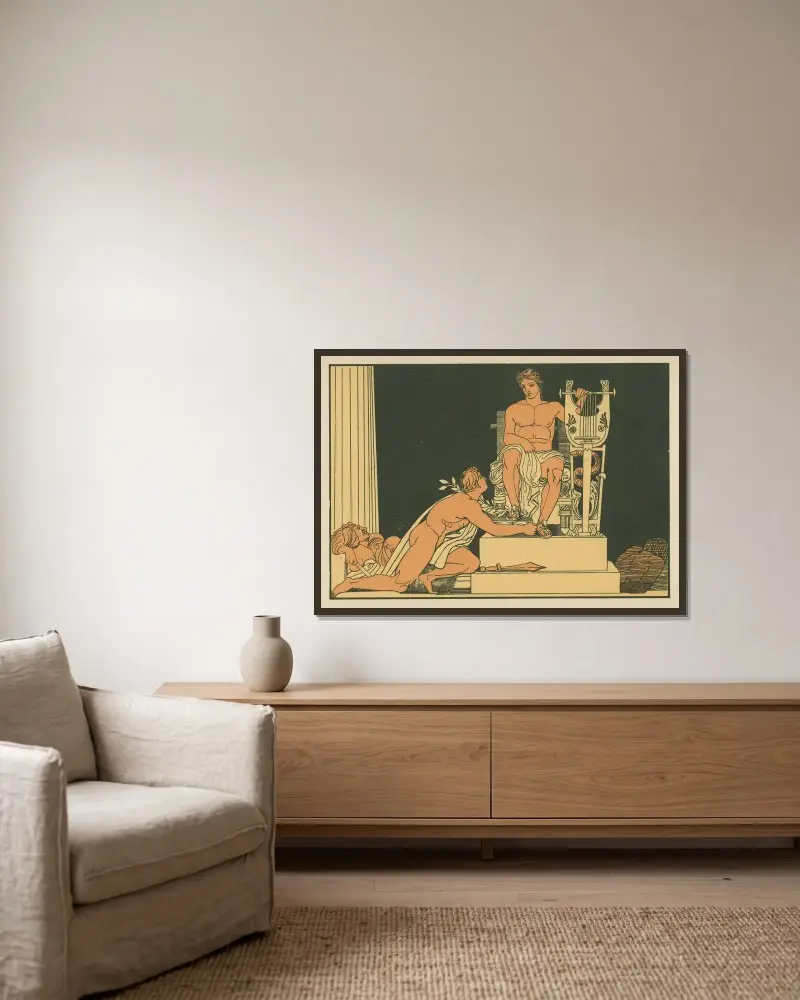 Orestes som supplikant hos Apollon av John Flaxman inramad på en vägg