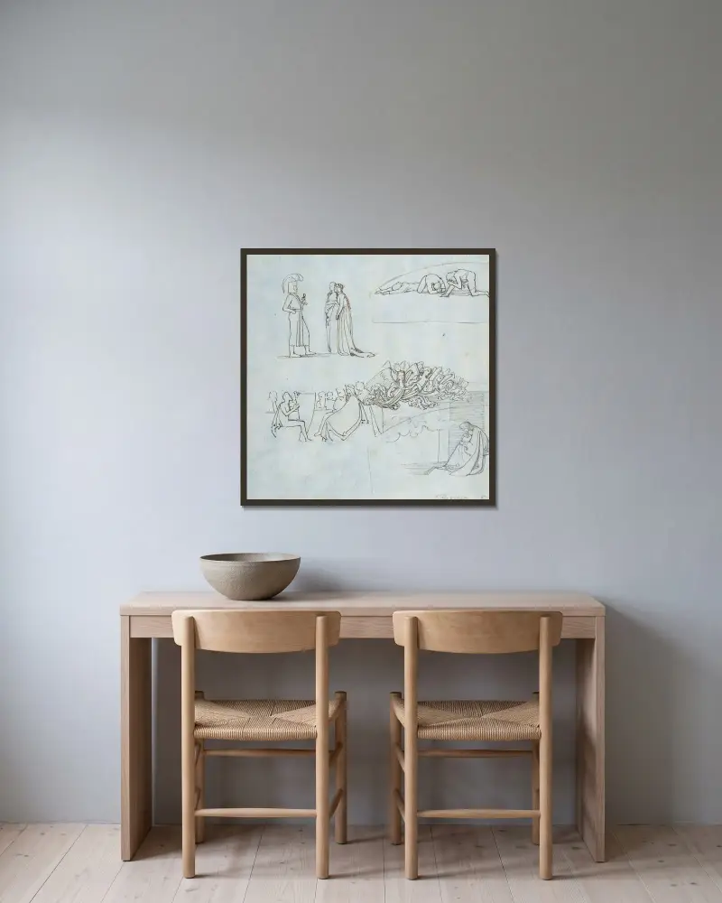 Blad med skisser av John Flaxman inramad på en vägg
