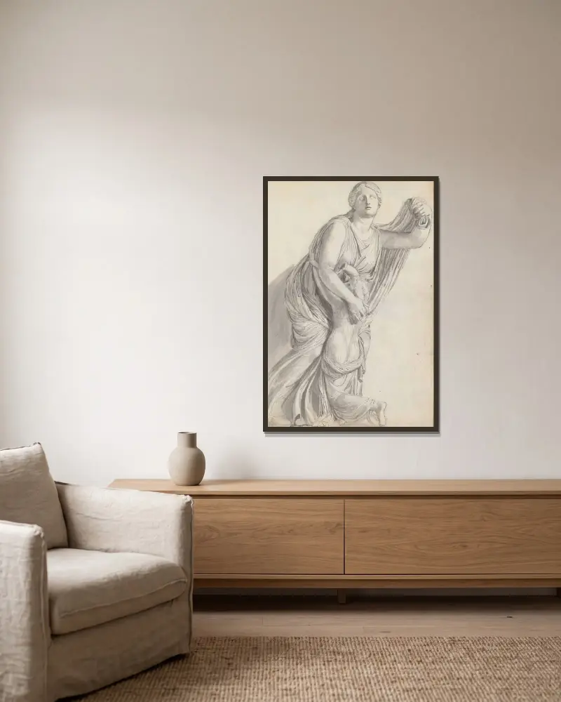 Studie av Niobe med sin yngsta dotter, från Niobidgruppen, Villa Medici, Rom av John Flaxman inramad på en vägg