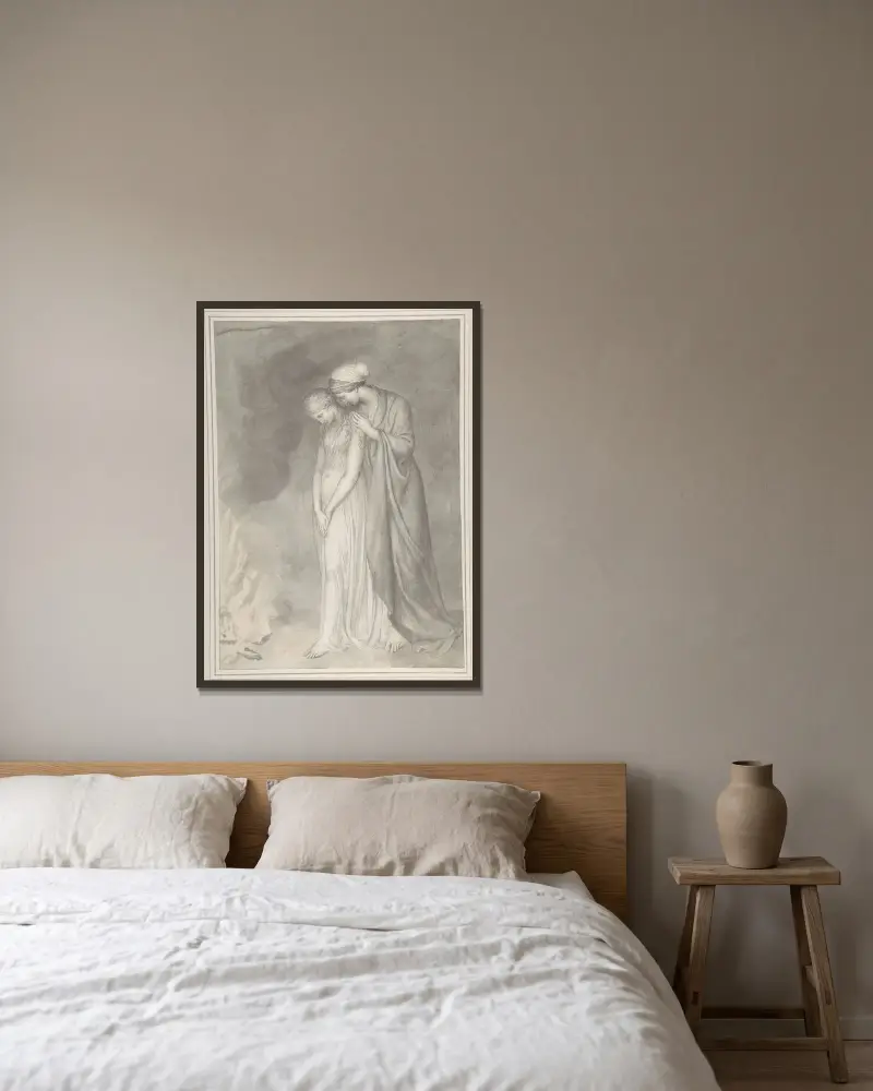 Studie av två sörjande kvinnor av John Flaxman inramad på en vägg