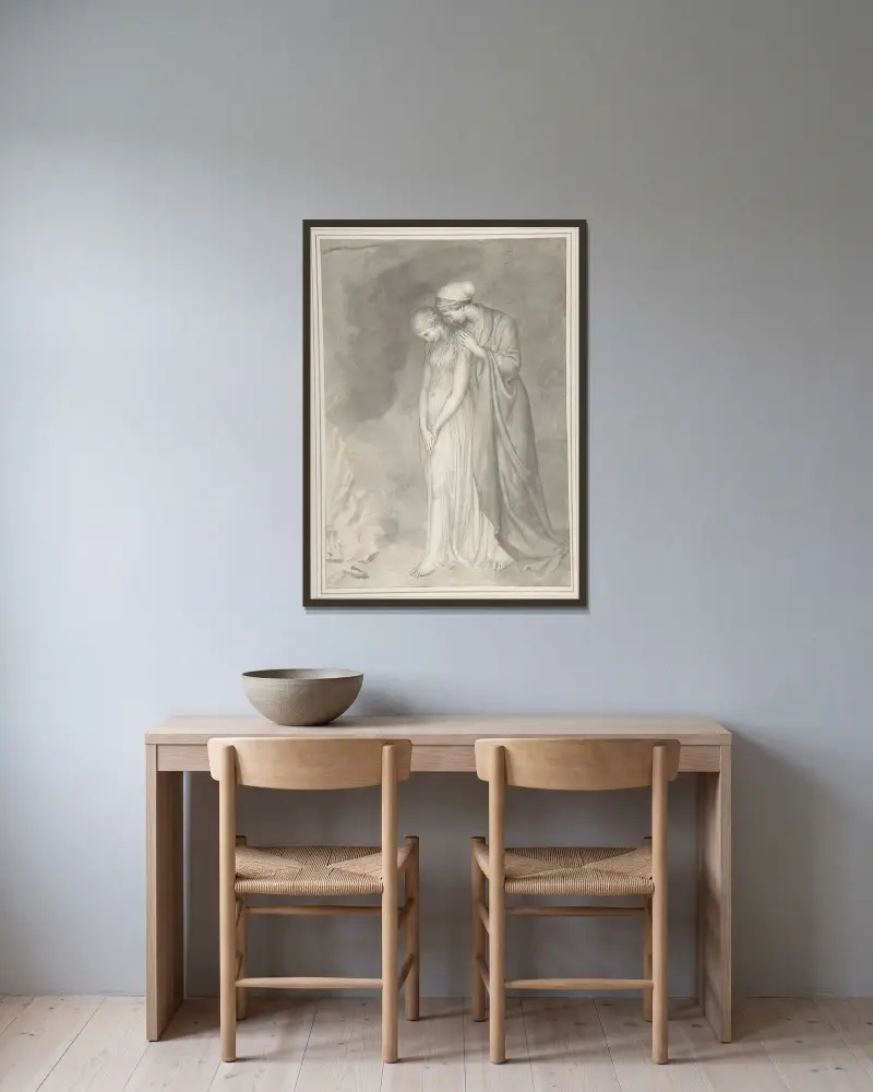 Studie av två sörjande kvinnor av John Flaxman inramad på en vägg