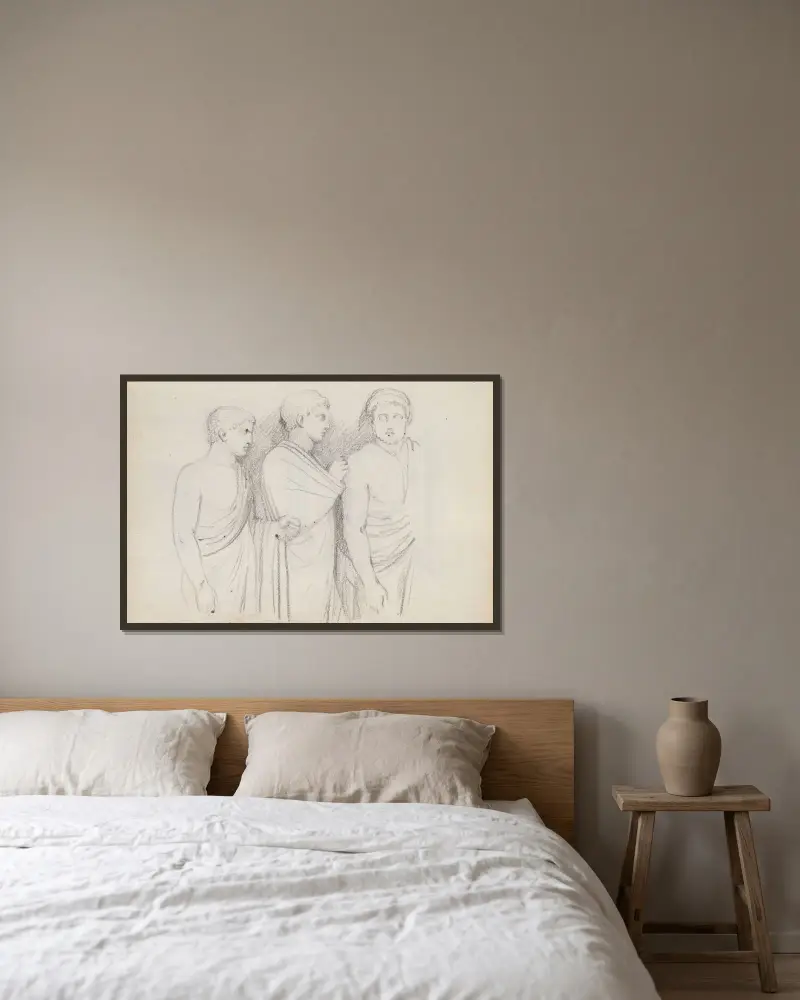 Tre manliga figurer, trekvartsfigur av John Flaxman inramad på en vägg