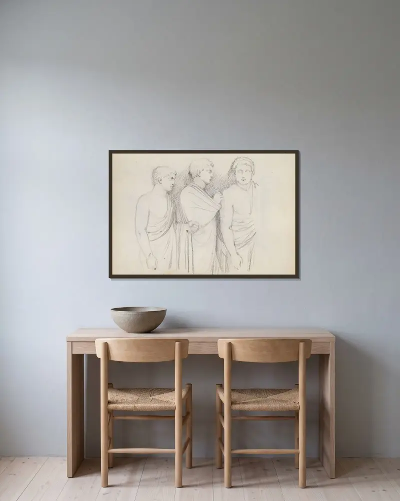 Tre manliga figurer, trekvartsfigur av John Flaxman inramad på en vägg
