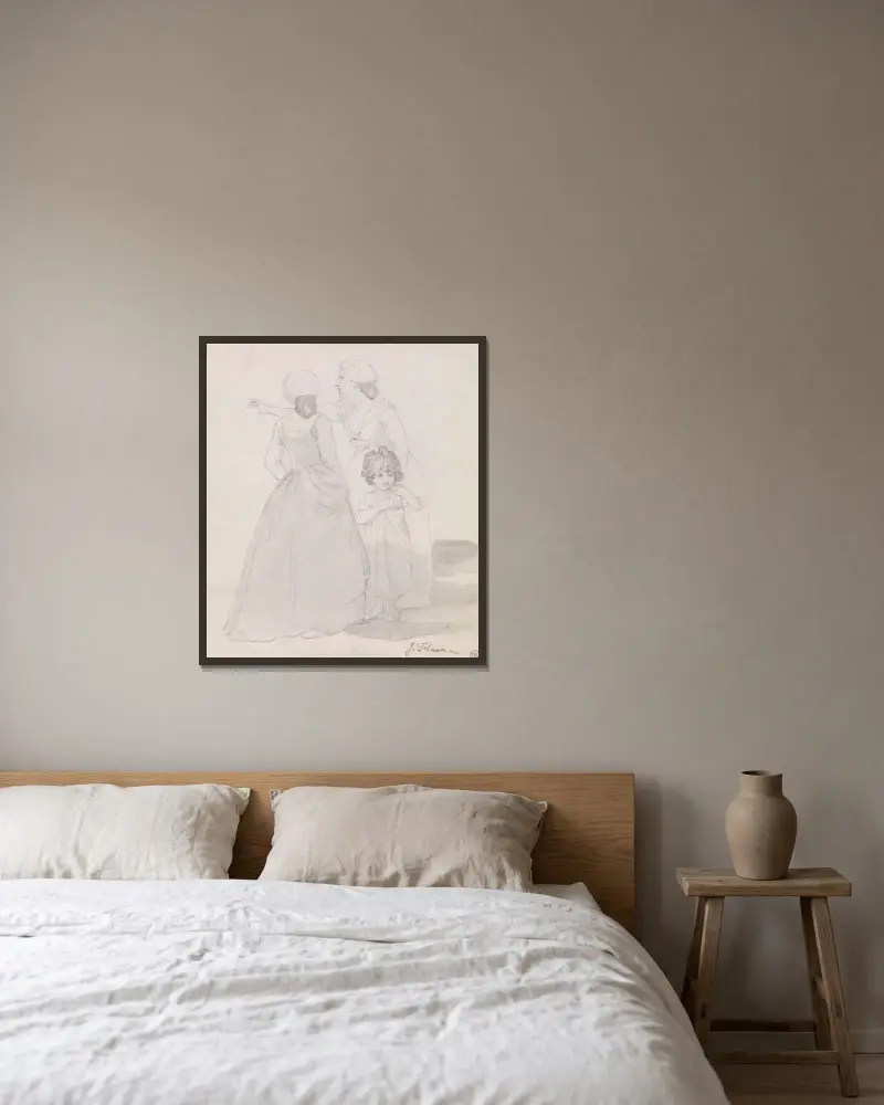 Två kvinnor och ett barn av John Flaxman inramad på en vägg