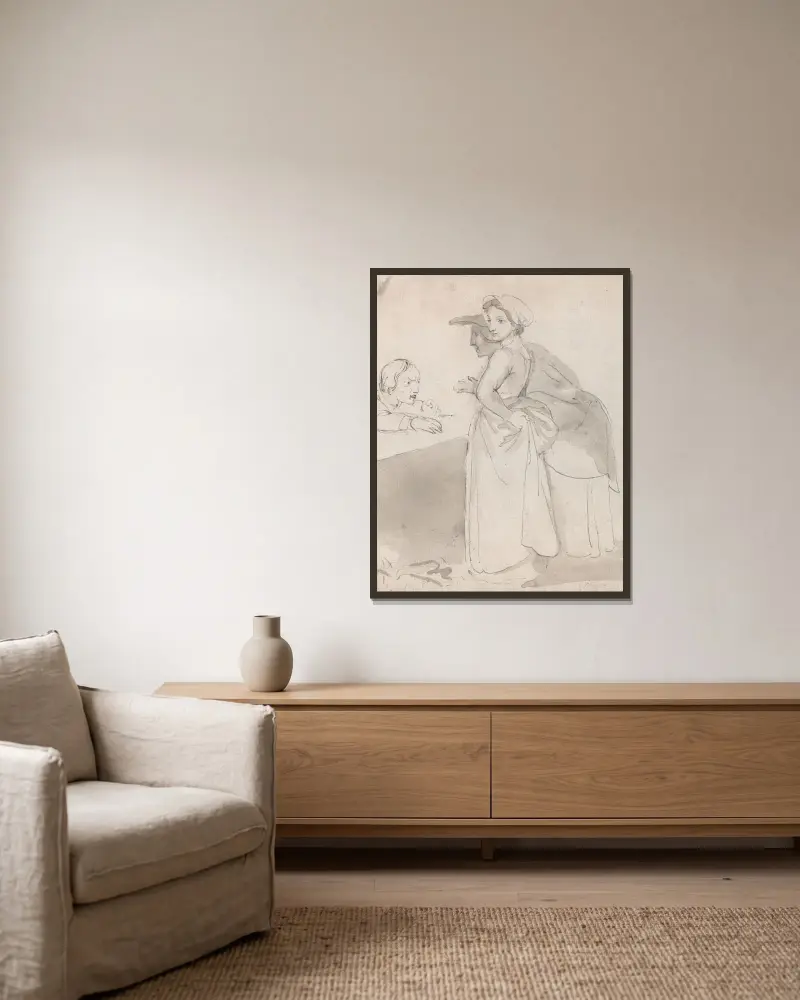 Två kvinnor samtalar med en man vid en disk av John Flaxman inramad på en vägg