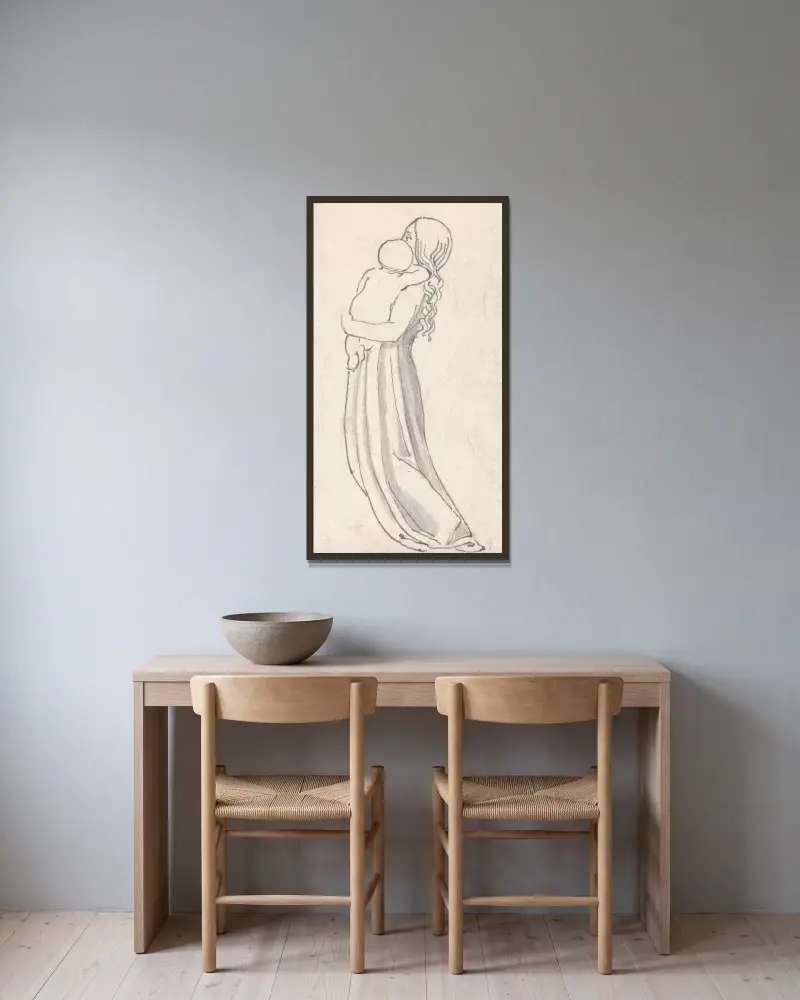 Kvinna bärande ett barn i famnen av John Flaxman inramad på en vägg