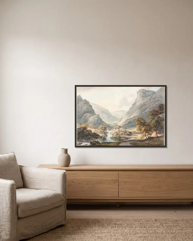 Blick auf Dovedale von John Glover gerahmt an einer Wand
