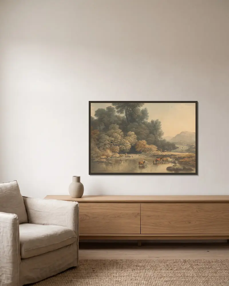 Hügelige Landschaft mit Fluss und Vieh von John Glover gerahmt an einer Wand