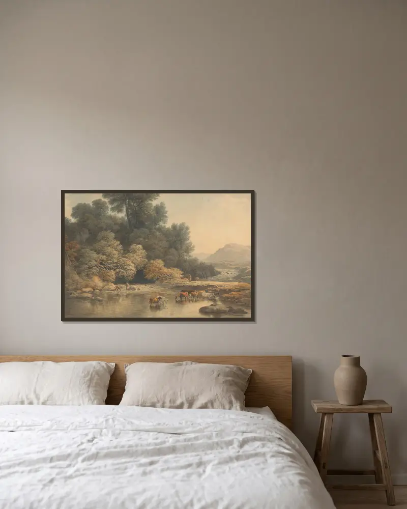 Hügelige Landschaft mit Fluss und Vieh von John Glover gerahmt an einer Wand