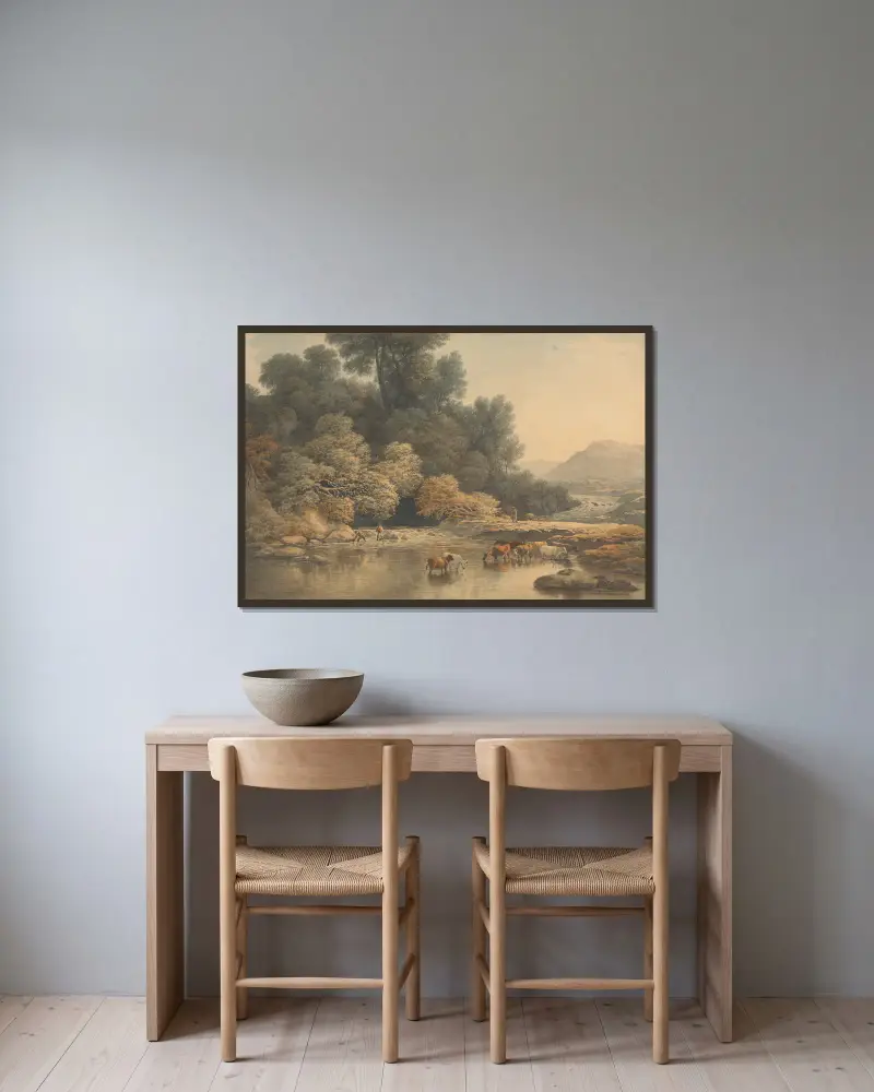 Hügelige Landschaft mit Fluss und Vieh von John Glover gerahmt an einer Wand
