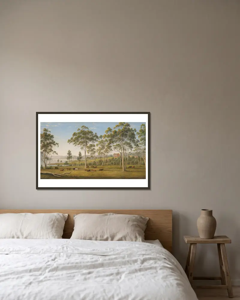 Mr Robinsons Haus am Derwent, Van Diemen's Land von John Glover gerahmt an einer Wand