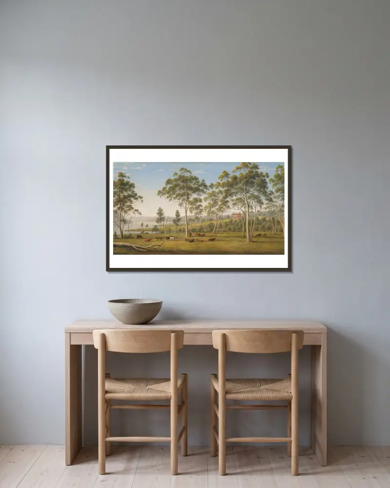 Mr Robinsons Haus am Derwent, Van Diemen's Land von John Glover gerahmt an einer Wand