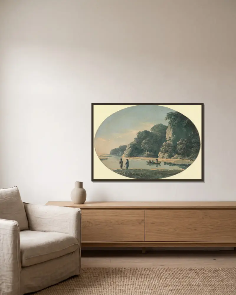 Fluss mit Fischern von John Glover gerahmt an einer Wand