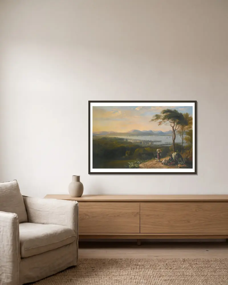 Blick auf Port Glasgow und Greenock am Firth of Clyde, dahinter die Argyll-Hügel von John Glover gerahmt an einer Wand