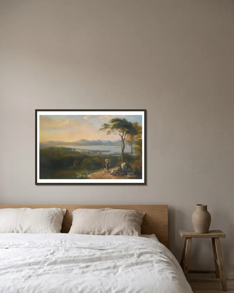 Blick auf Port Glasgow und Greenock am Firth of Clyde, dahinter die Argyll-Hügel von John Glover gerahmt an einer Wand