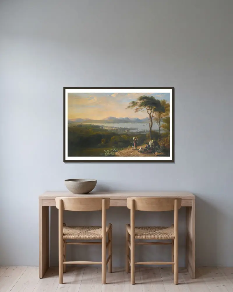 Blick auf Port Glasgow und Greenock am Firth of Clyde, dahinter die Argyll-Hügel von John Glover gerahmt an einer Wand