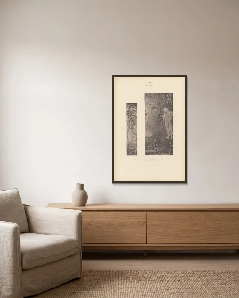 Die Wandmalereien in den buddhistischen Höhlentempeln von Ajantâ, Khandesh, Indien, Taf. 042 von John Griffiths gerahmt an einer Wand