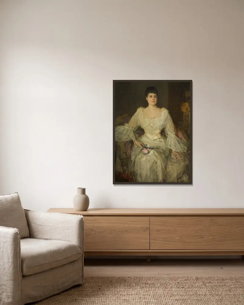 Eine Dame in Weiß (Porträt von Lady Lyle) von Sir John Lavery gerahmt an einer Wand