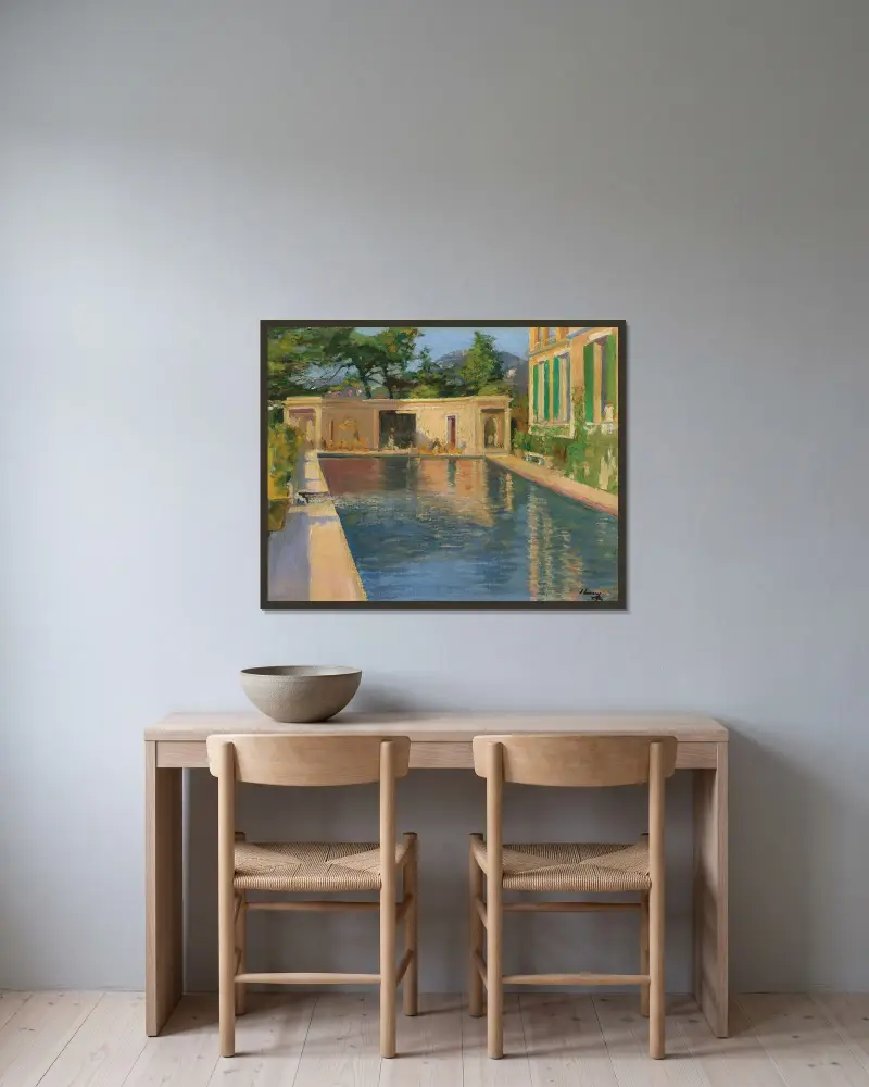 Swimming Pool, Southern France av Sir John Lavery inramad på en vägg