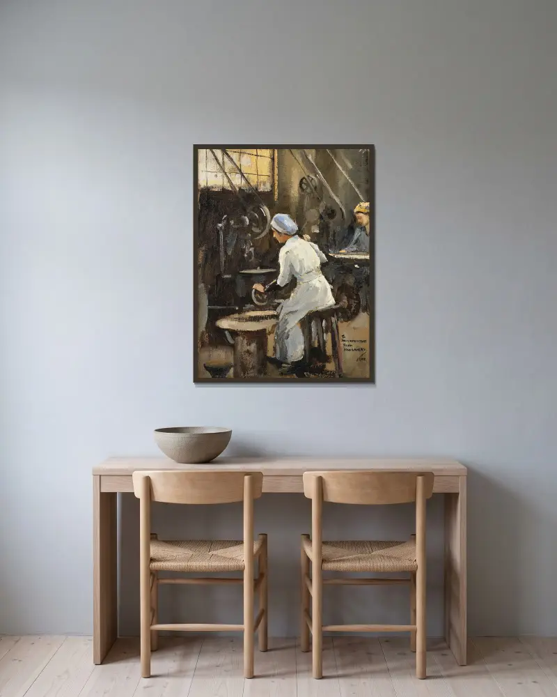 Der Scheibenmacher von Sir John Lavery gerahmt an einer Wand