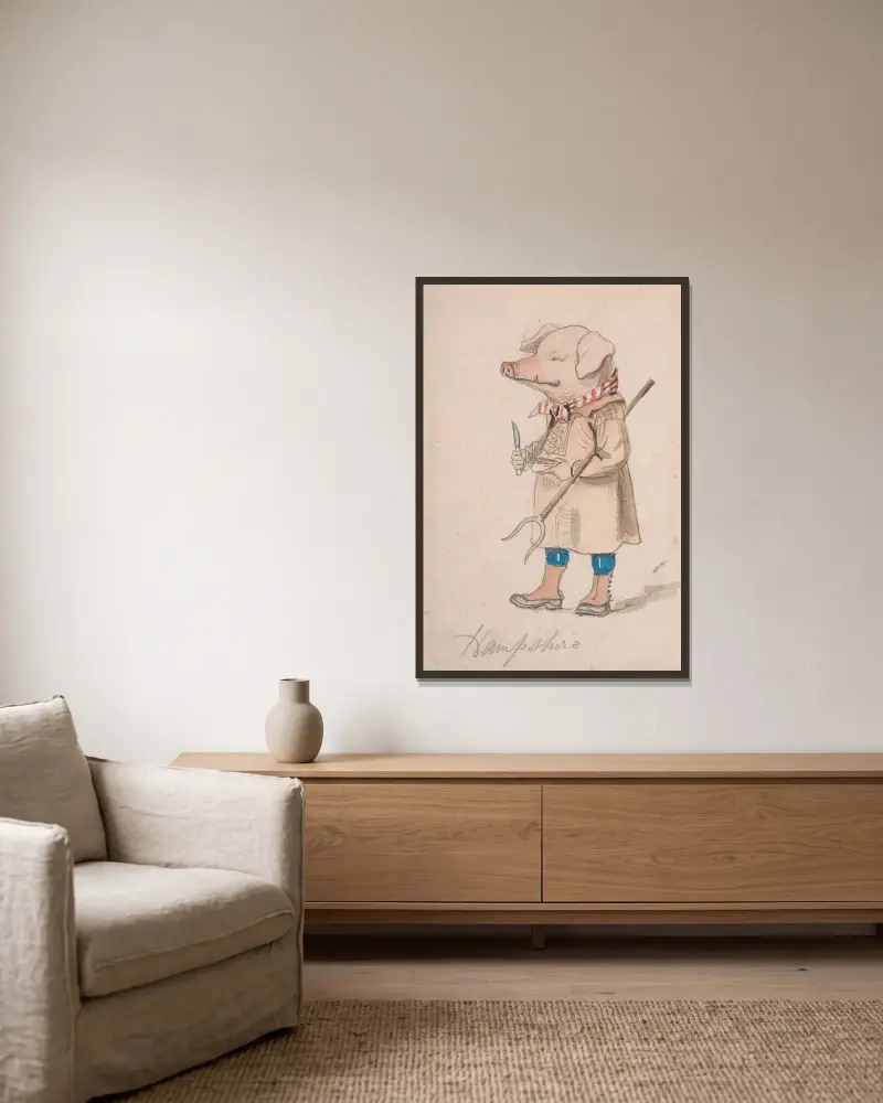 Karikatur der Grafschaft Hampshire von John Leech gerahmt an einer Wand
