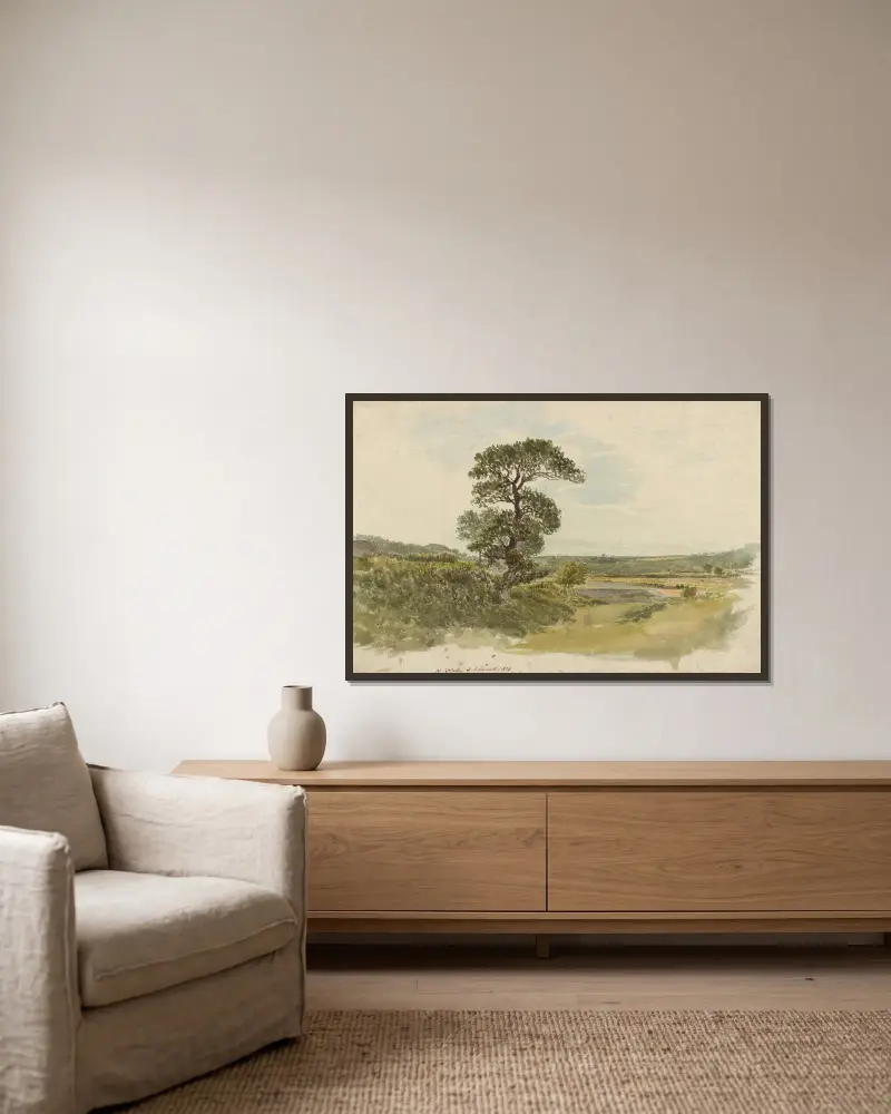 A Landscape in Snowdonia with a Tree in the Foreground av John Linnell inramad på en vägg