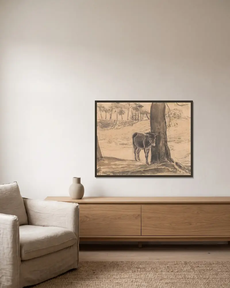 Donkey Beside a Tree, Hampstead av John Linnell inramad på en vägg