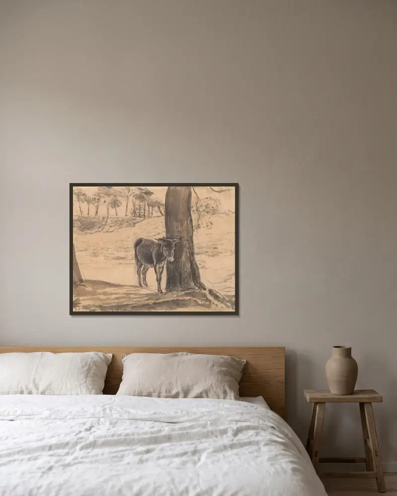 Donkey Beside a Tree, Hampstead av John Linnell inramad på en vägg