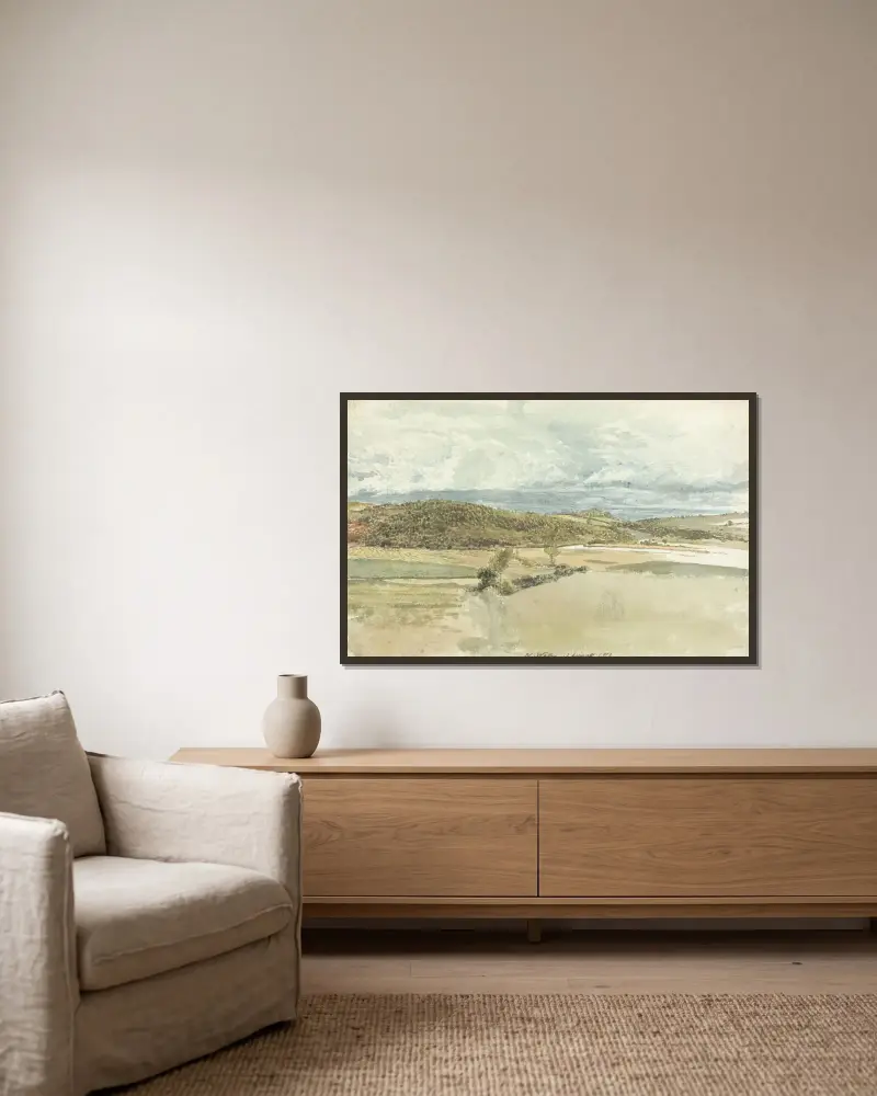 Landskap i North Wales av John Linnell inramad på en vägg