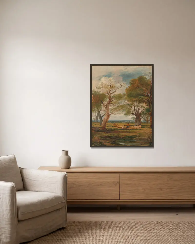 Landschaft mit Figuren von John Linnell gerahmt an einer Wand