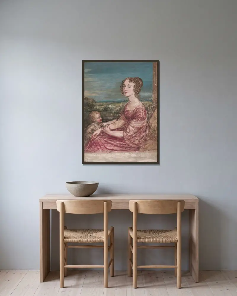 Mrs. William Wilberforce och barn av John Linnell inramad på en vägg