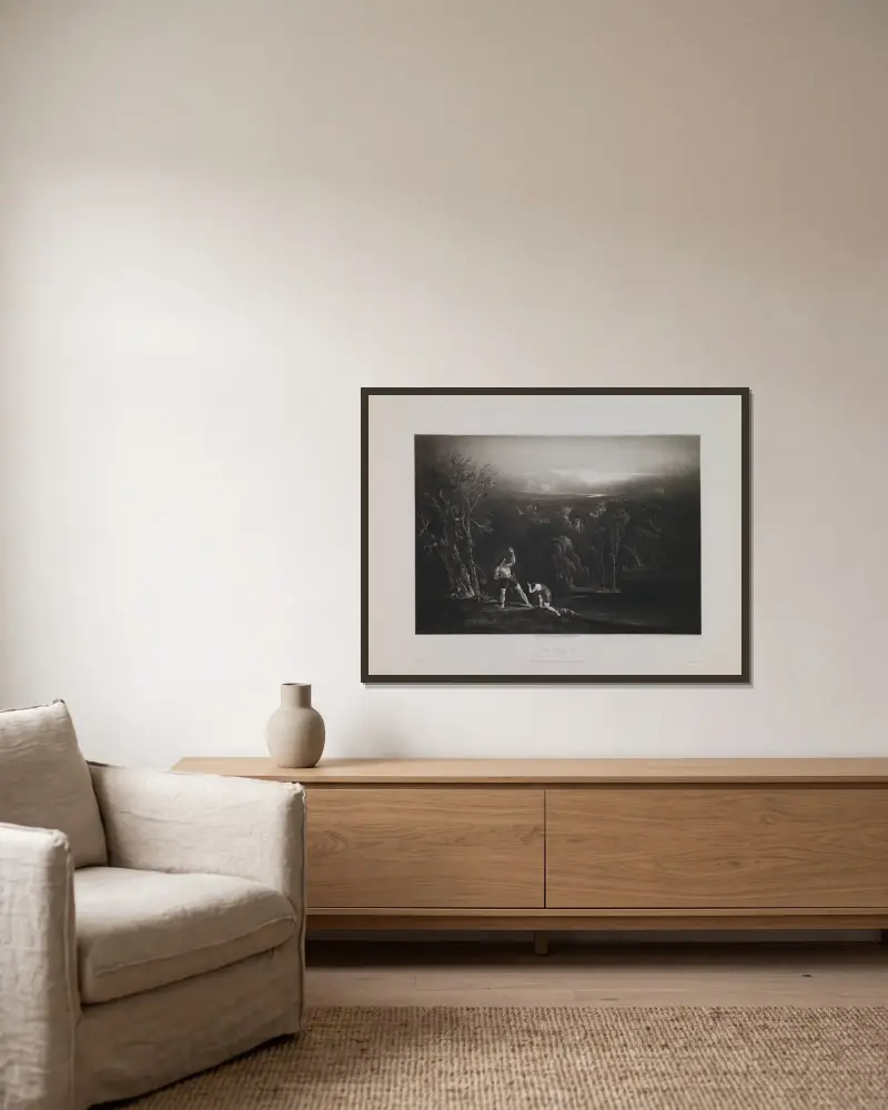 Adam tadelt Eva (Buch 10, Zeile 863) von John Martin gerahmt an einer Wand