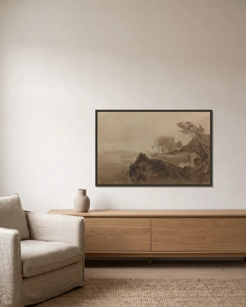 Byggnad på en kulle av John Martin inramad på en vägg