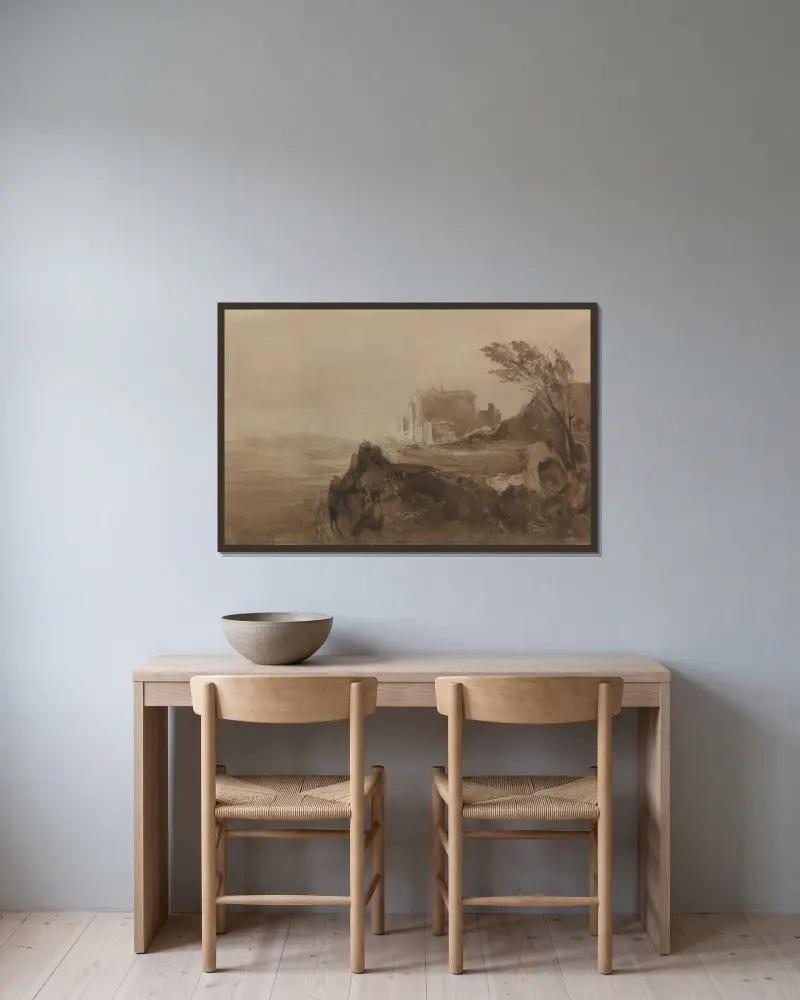 Byggnad på en kulle av John Martin inramad på en vägg