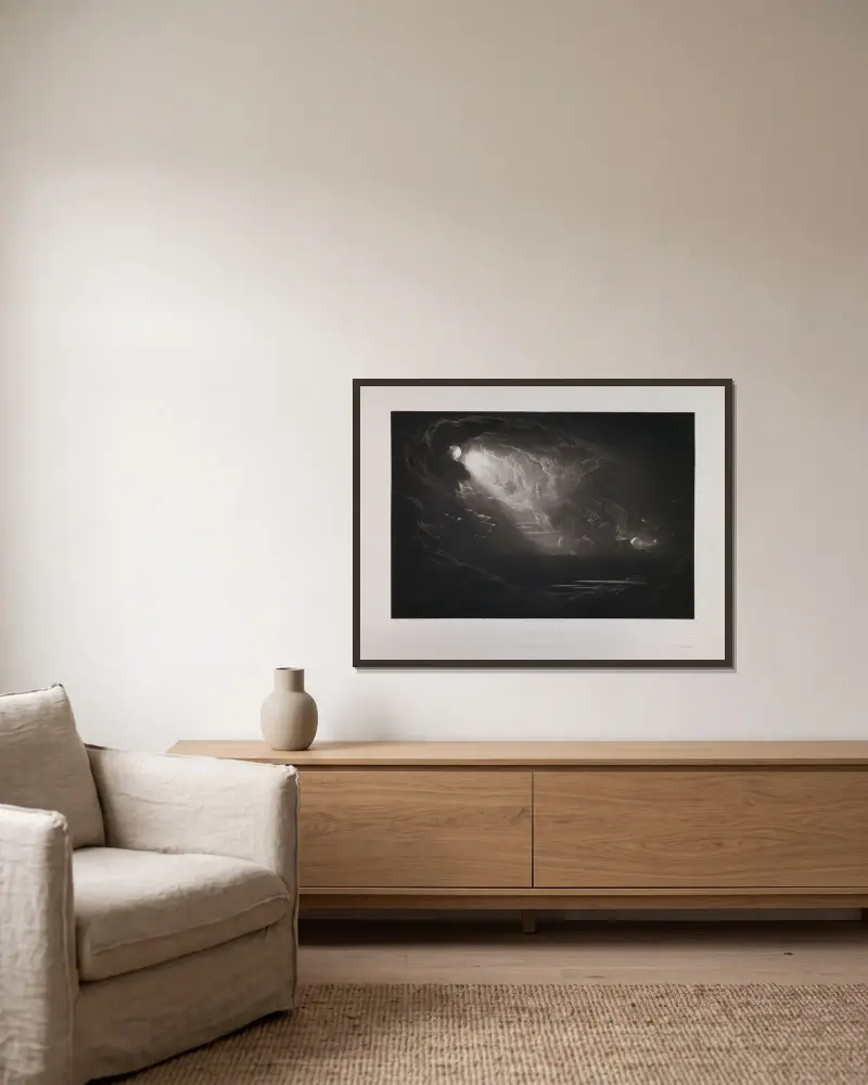 Die Erschaffung des Lichts (Buch 7, Vers 339) von John Martin gerahmt an einer Wand