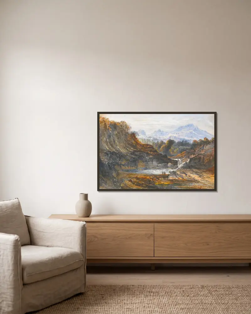 Figurer i ett klassiskt landskap av John Martin inramad på en vägg
