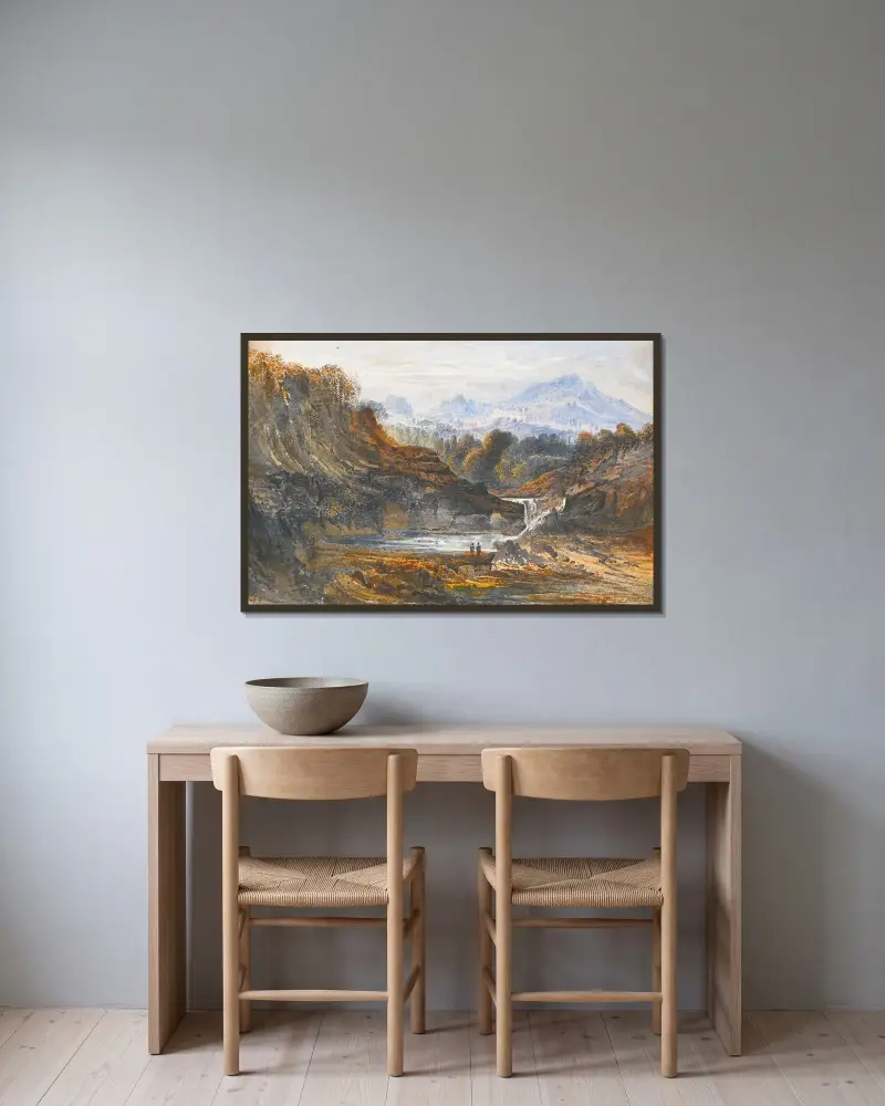 Figurer i ett klassiskt landskap av John Martin inramad på en vägg