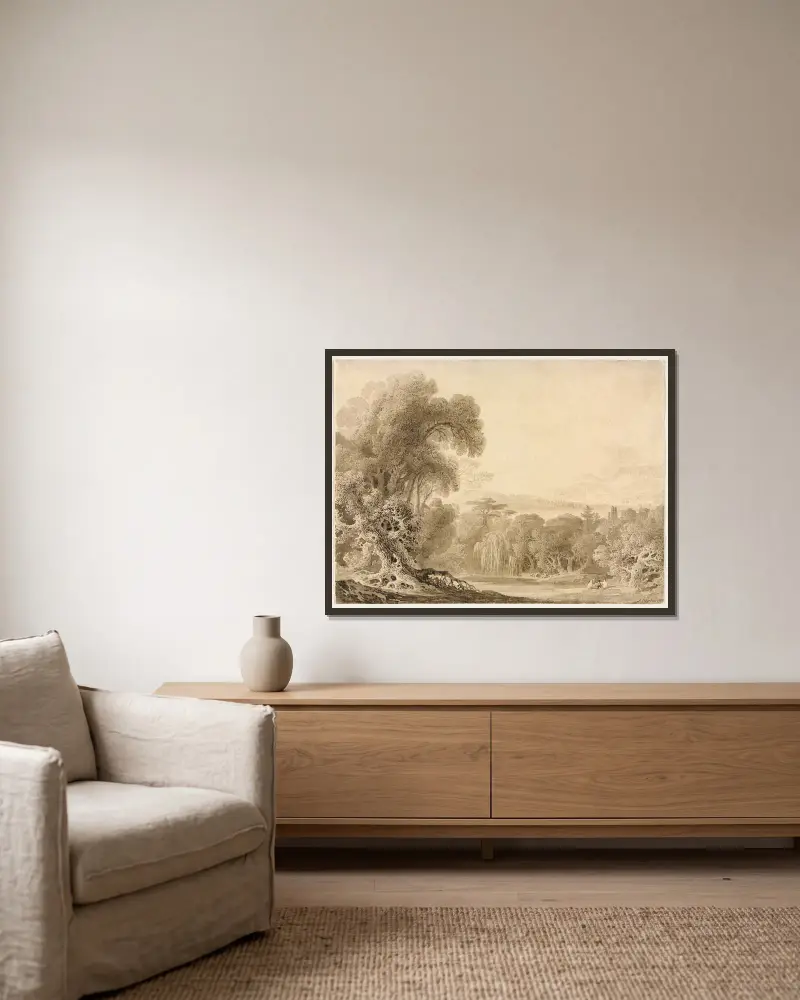 Figuren an einem See in einer Waldlandschaft von John Martin gerahmt an einer Wand