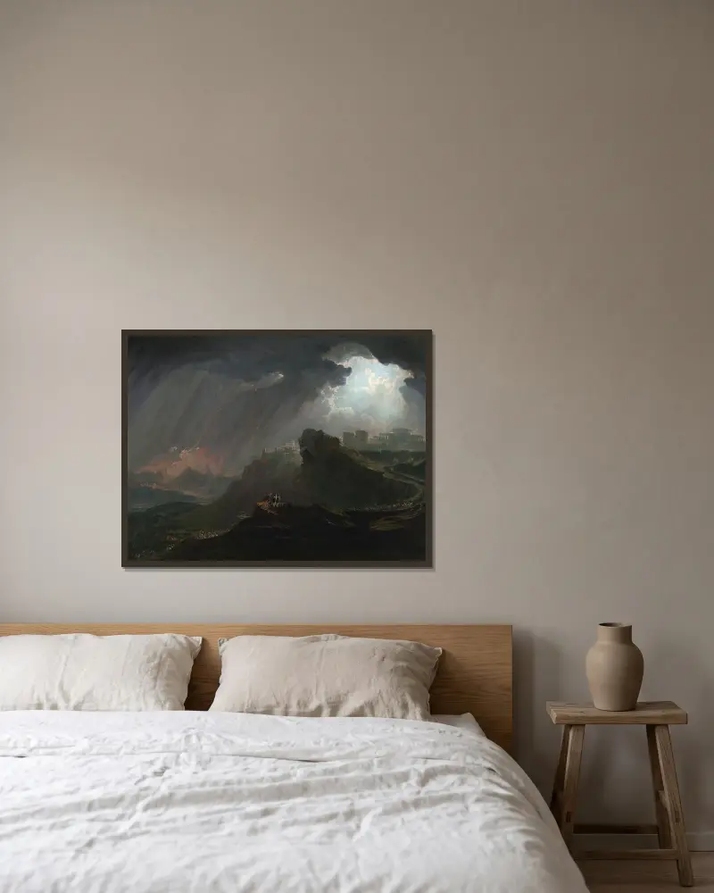 Josua befaller solen att stå still av John Martin inramad på en vägg