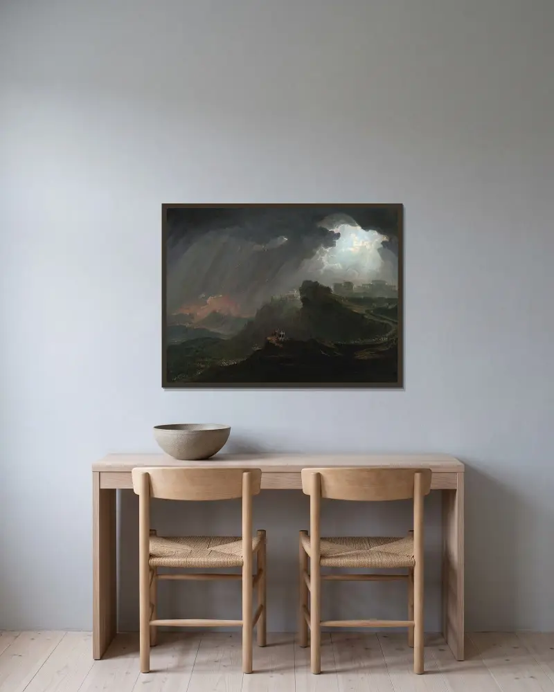 Josua befaller solen att stå still av John Martin inramad på en vägg