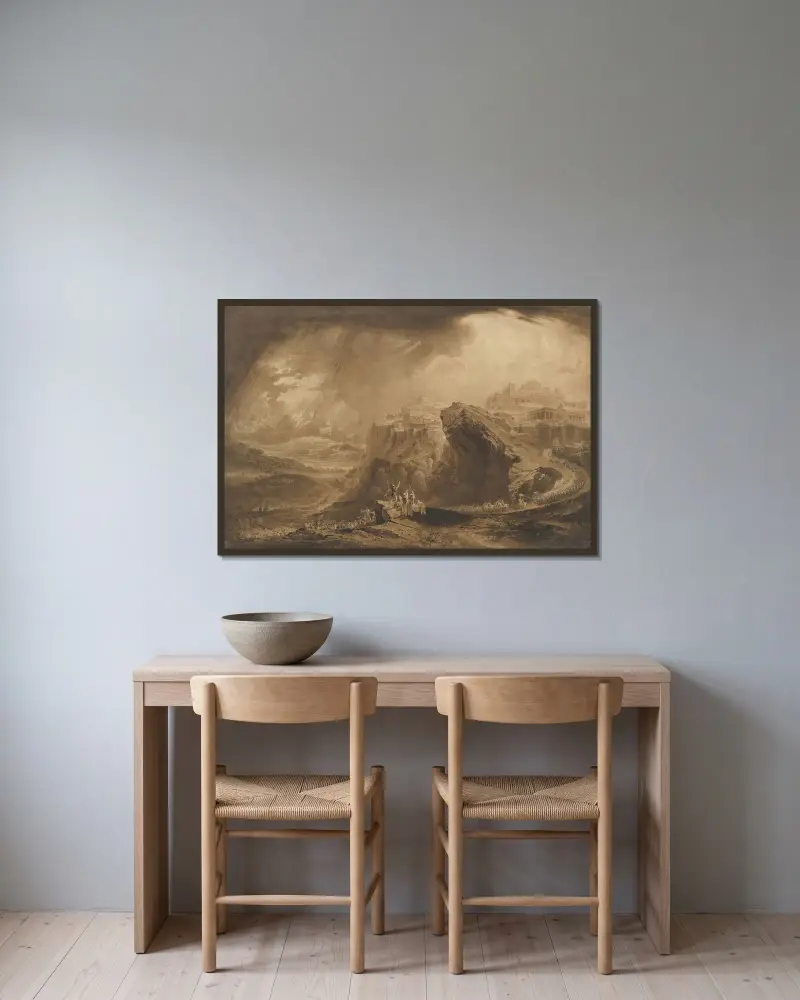 Josua befaller solen att stå stilla över Gibeon av John Martin inramad på en vägg
