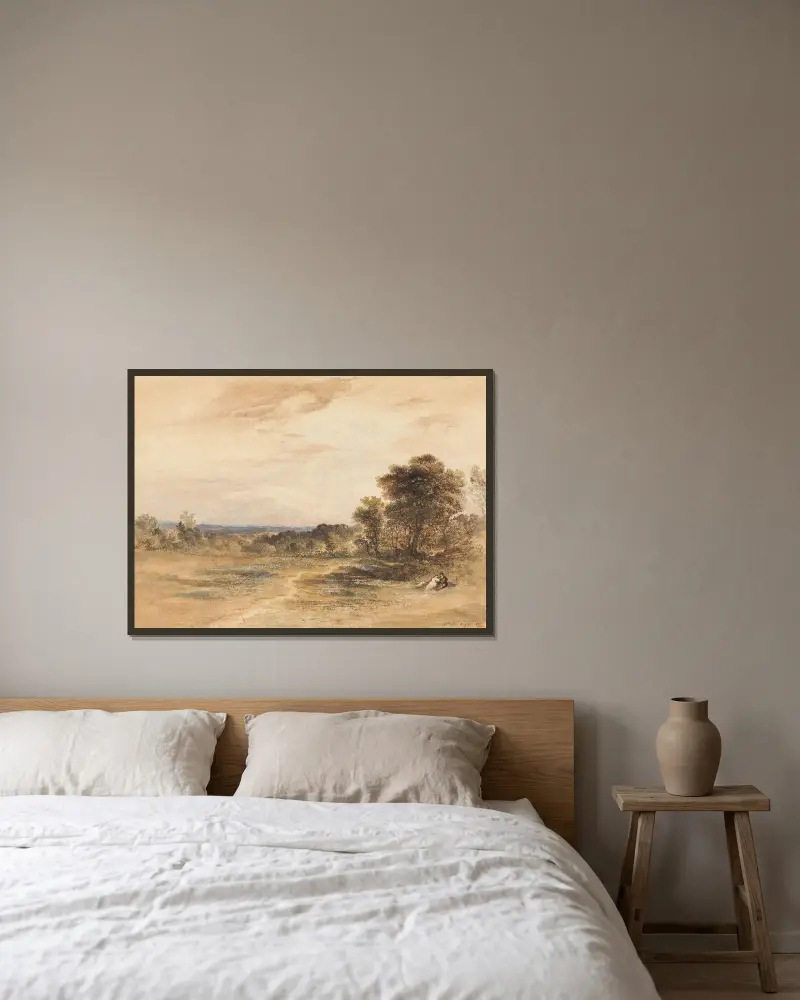 Landskap med uppvaktande par av John Martin inramad på en vägg