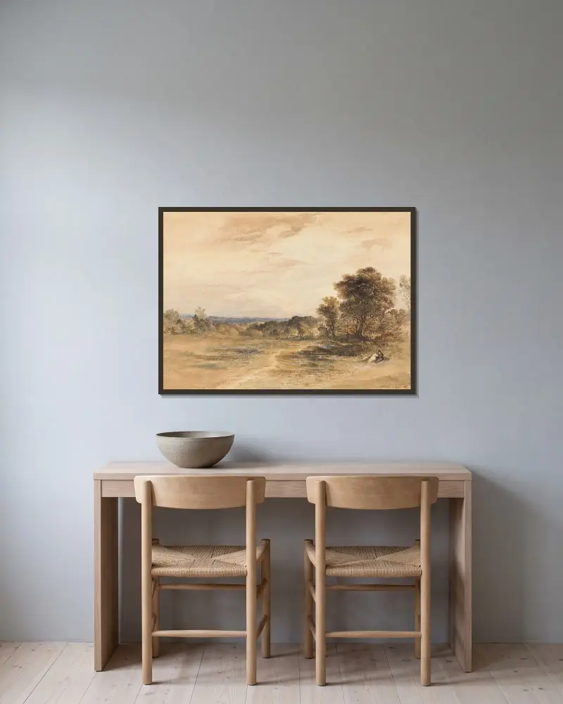 Landskap med uppvaktande par av John Martin inramad på en vägg
