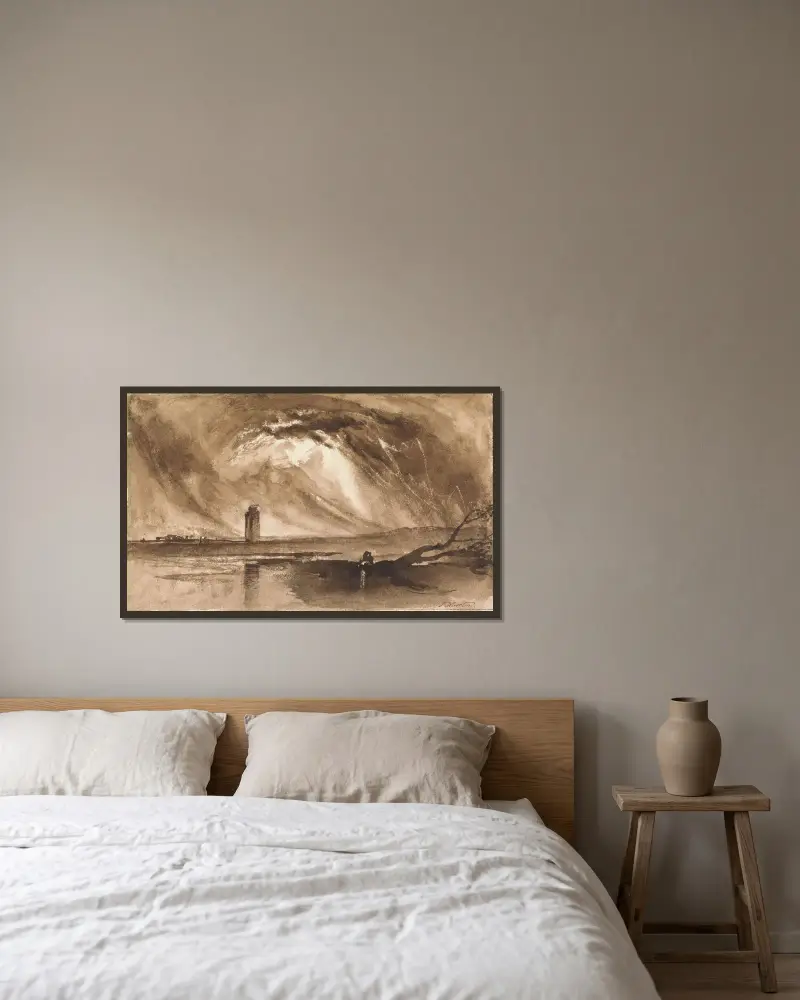 Landskap med torn och annalkande oväder av John Martin inramad på en vägg