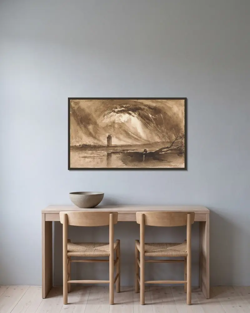 Landskap med torn och annalkande oväder av John Martin inramad på en vägg