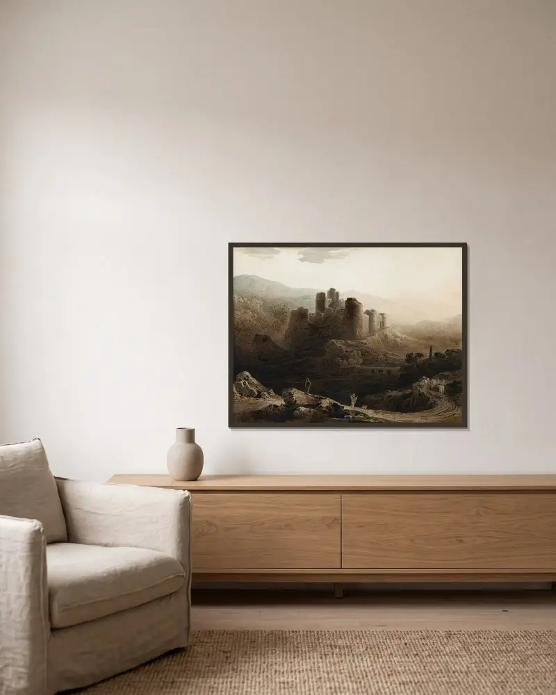 Månsken – Chepstow Castle av John Martin inramad på en vägg
