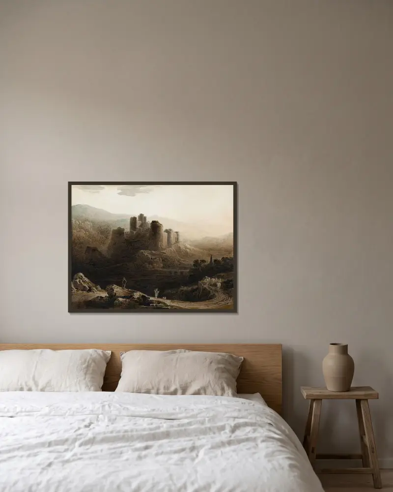 Månsken – Chepstow Castle av John Martin inramad på en vägg