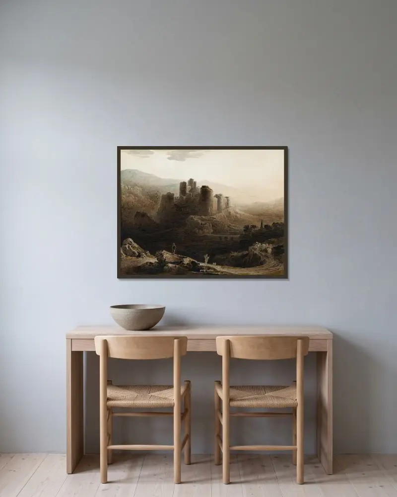 Månsken – Chepstow Castle av John Martin inramad på en vägg