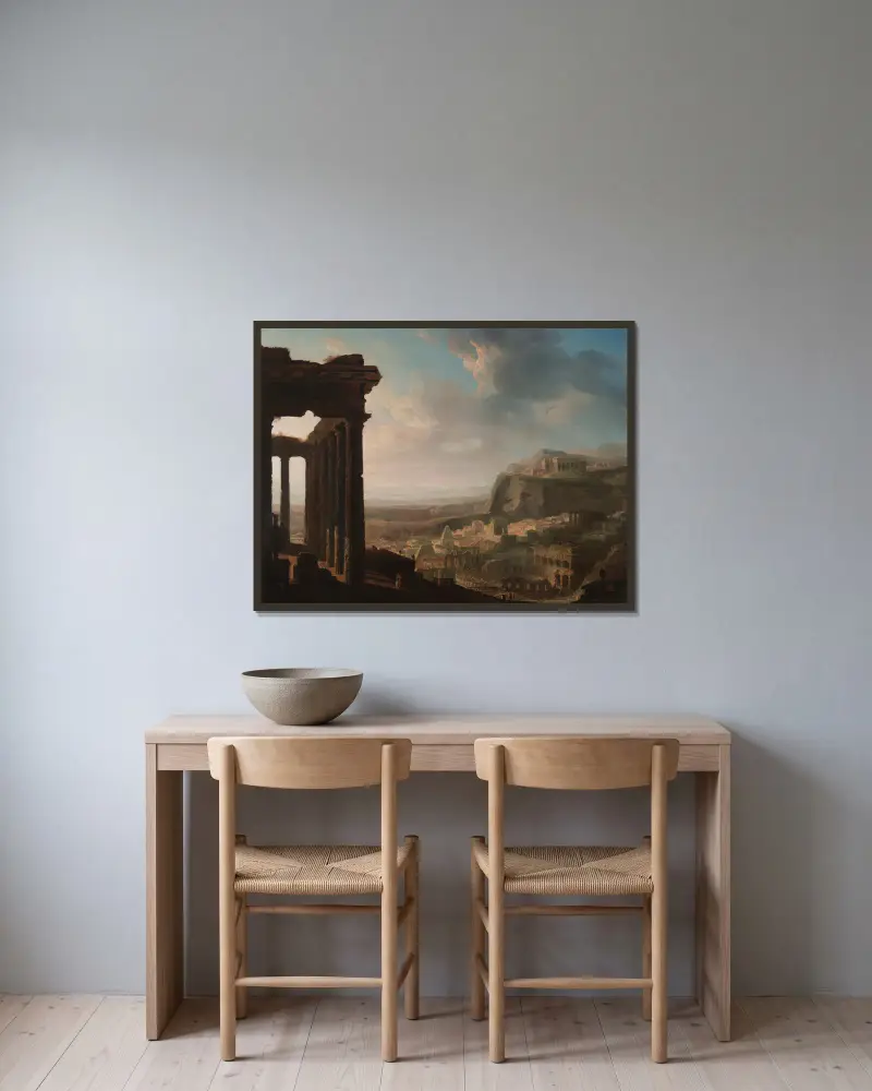 Ruiner av en antik stad av John Martin inramad på en vägg