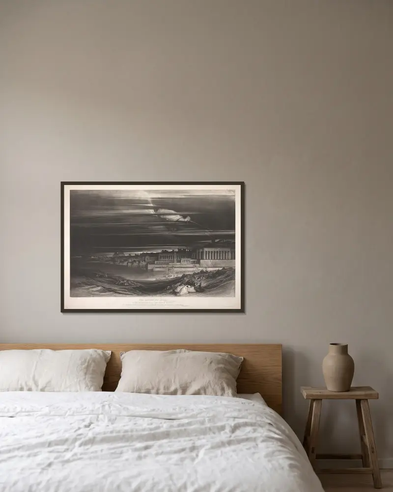 Den förgörande ängeln av John Martin inramad på en vägg